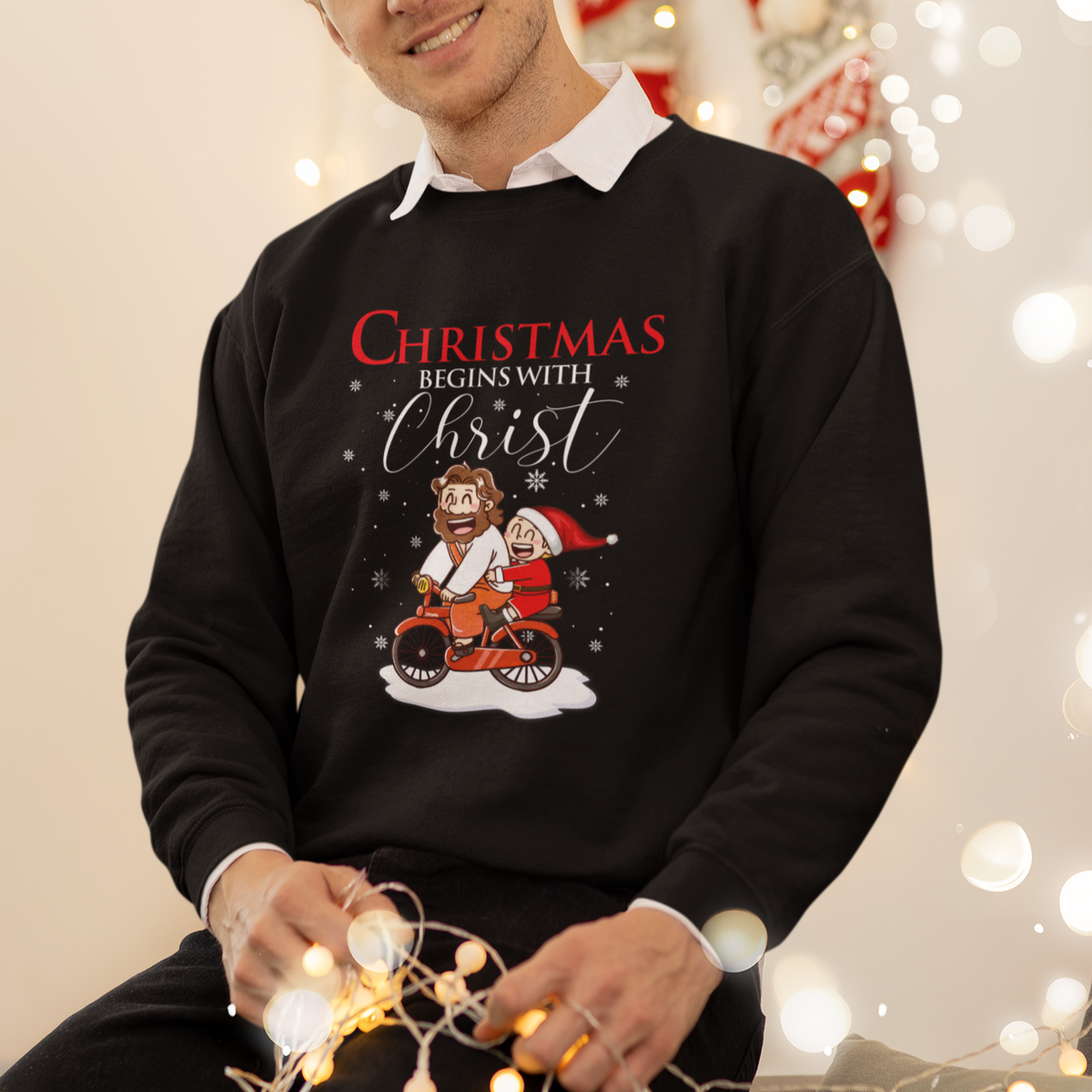 Christmas Begins With Christ Jesus Santa Riding Bicycle Sweatshirt - Wonder Print Shop