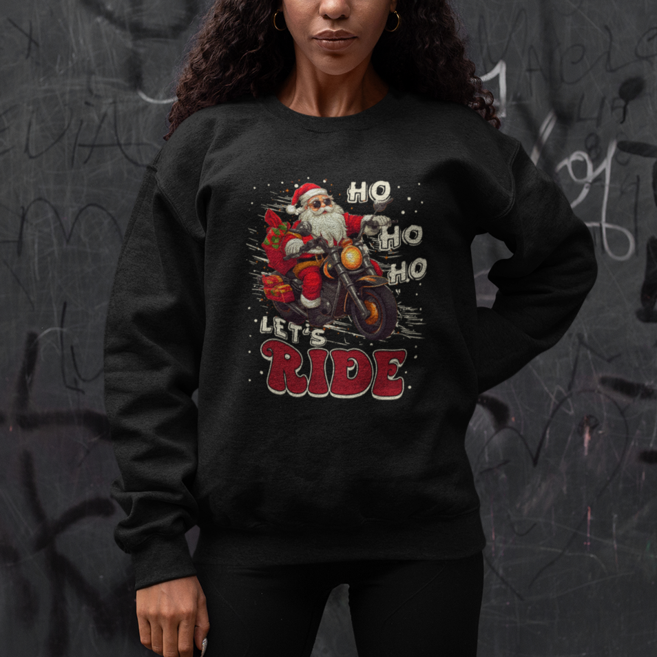 Santa Claus Biker Sweatshirt Ho Ho Ho Let's Ride Christmas - Wonder Print Shop