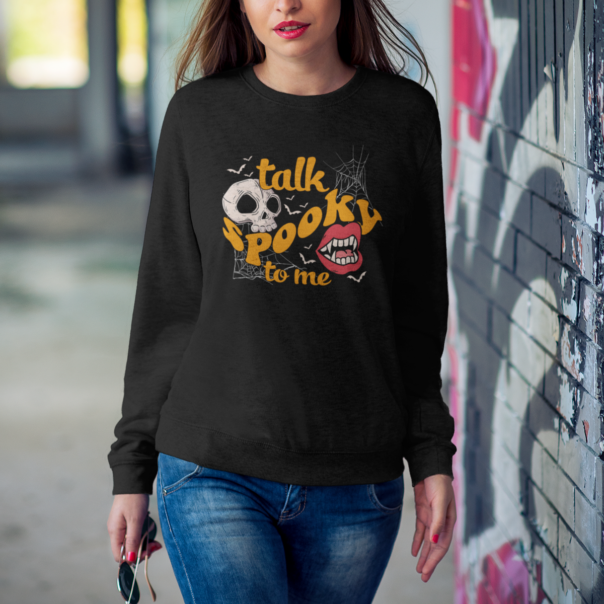 Spooky Halloween Sweatshirt Talk Spooky To Me Skull Vampire Mouth - Wonder Print Shop