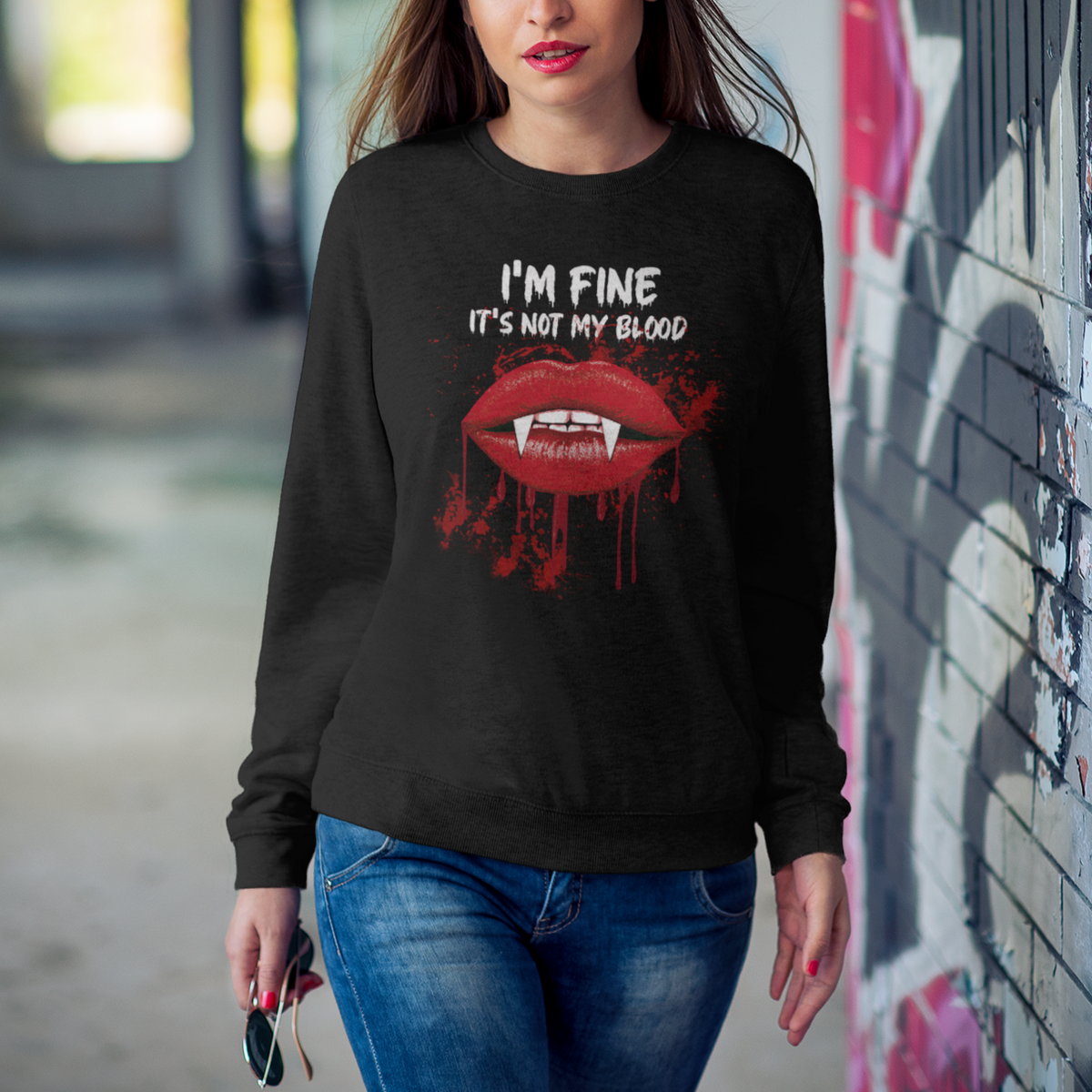 Halloween Sweatshirt Vampire Blood Lip I'm Fine It's Not My Blood - Wonder Print Shop