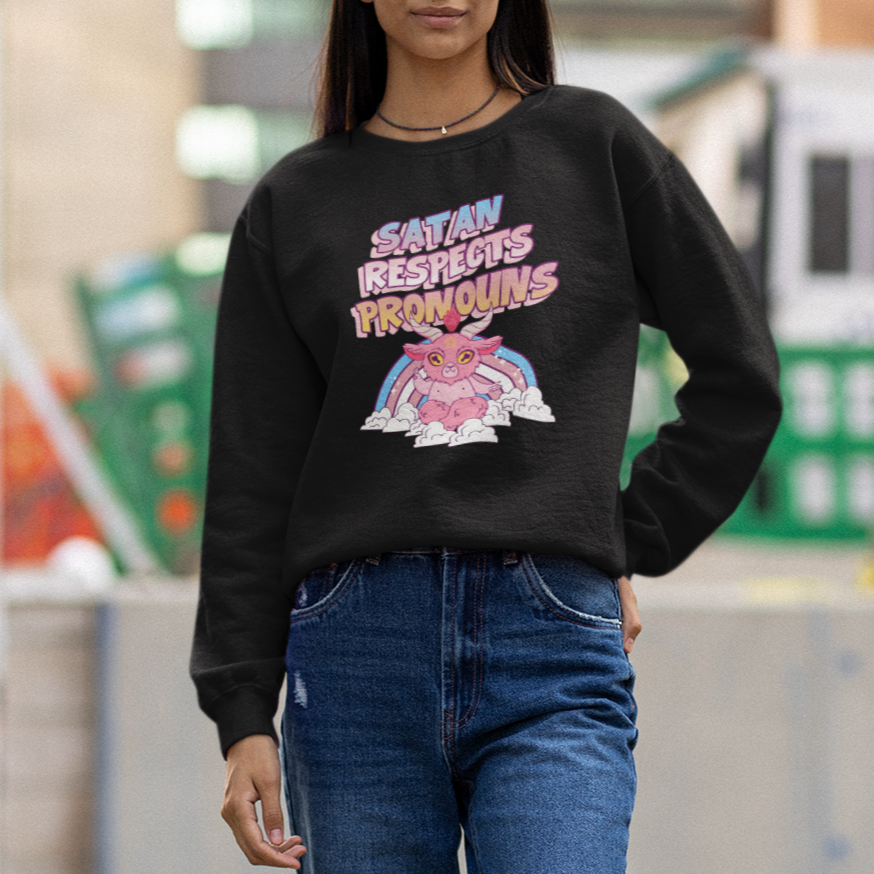 Protect Trans Kids Sweatshirt Satan Respects Pronouns Transgender Pride Trans Flag - Wonder Print Shop