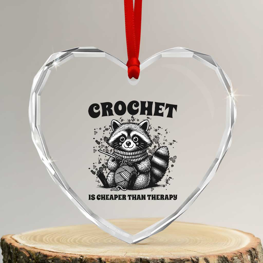 Crocheting Is Cheaper Than Therapy Heart Crystal Glass Ornament Raccoon Yarn Lover - Wonder Print Shop