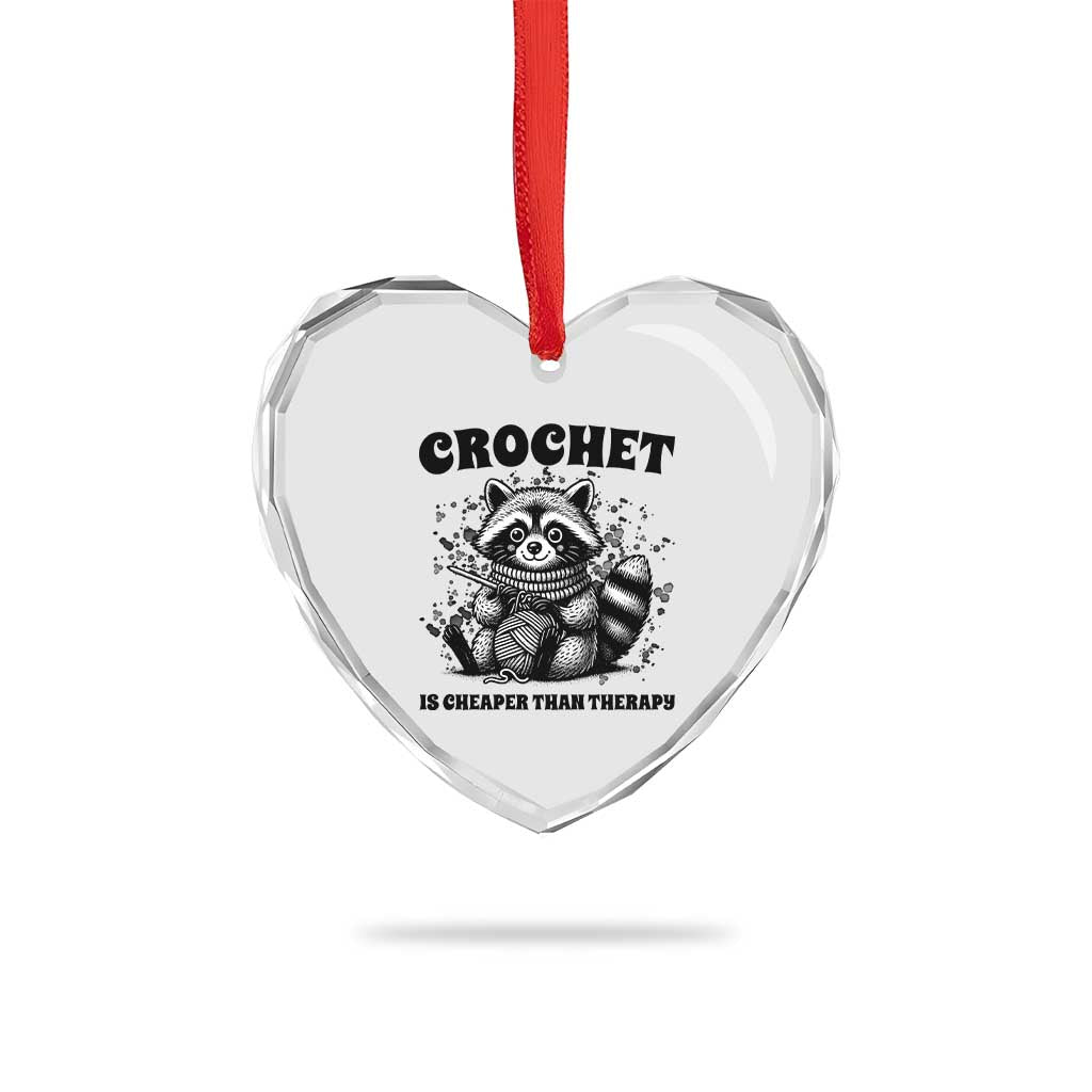 Crocheting Is Cheaper Than Therapy Heart Crystal Glass Ornament Raccoon Yarn Lover - Wonder Print Shop