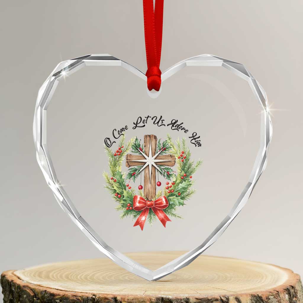 Cross Christmas Heart Crystal Glass Ornament O Come Let Us Adove Him - Wonder Print Shop