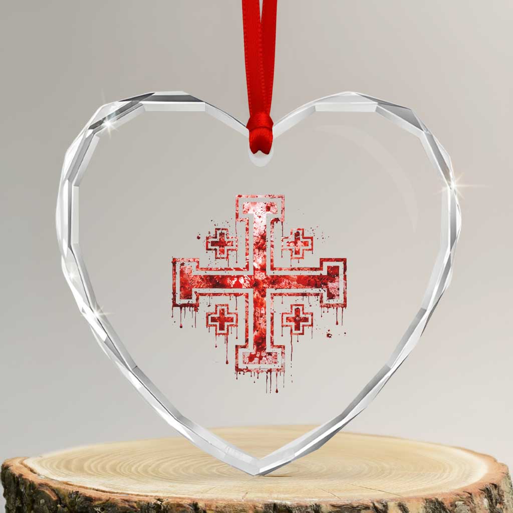 Crusader Jerusalem Cross Catholic Heart Crystal Glass Ornament Gothic Christian Dark Faith Grunge Blood Splatter