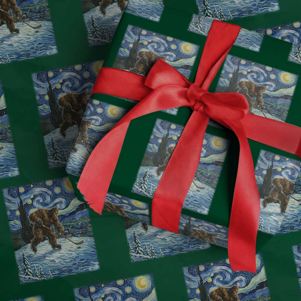Cryptid Hockey Bigfoot Starry Night Inspired Funny Gift Wrapping Paper Roll - Wonder Print Shop