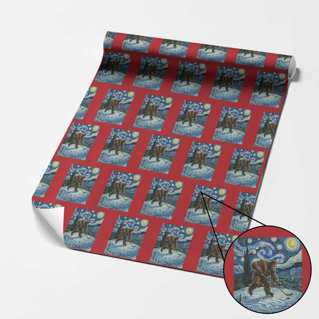 Cryptid Hockey Bigfoot Starry Night Inspired Funny Gift Wrapping Paper Roll - Wonder Print Shop