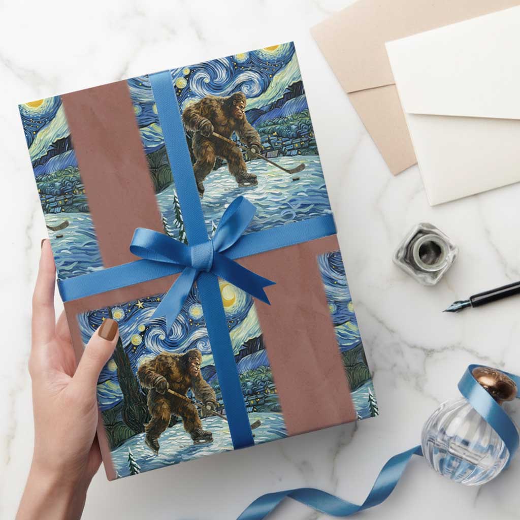 Cryptid Hockey Bigfoot Starry Night Inspired Funny Gift Wrapping Paper Roll - Wonder Print Shop