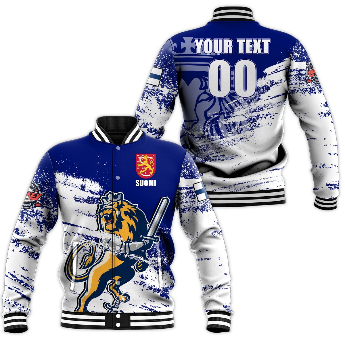Finland hockey varsity baseball jacket with blue and white graphics, snap front, striped collar