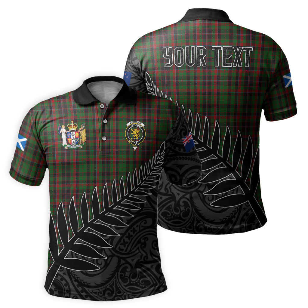 cumming-hunting-tartan-family-crest-golf-shirt-with-fern-leaves-and-coat-of-arm-of-new-zealand-personalized-your-name-scottish-tatan-polo-shirt