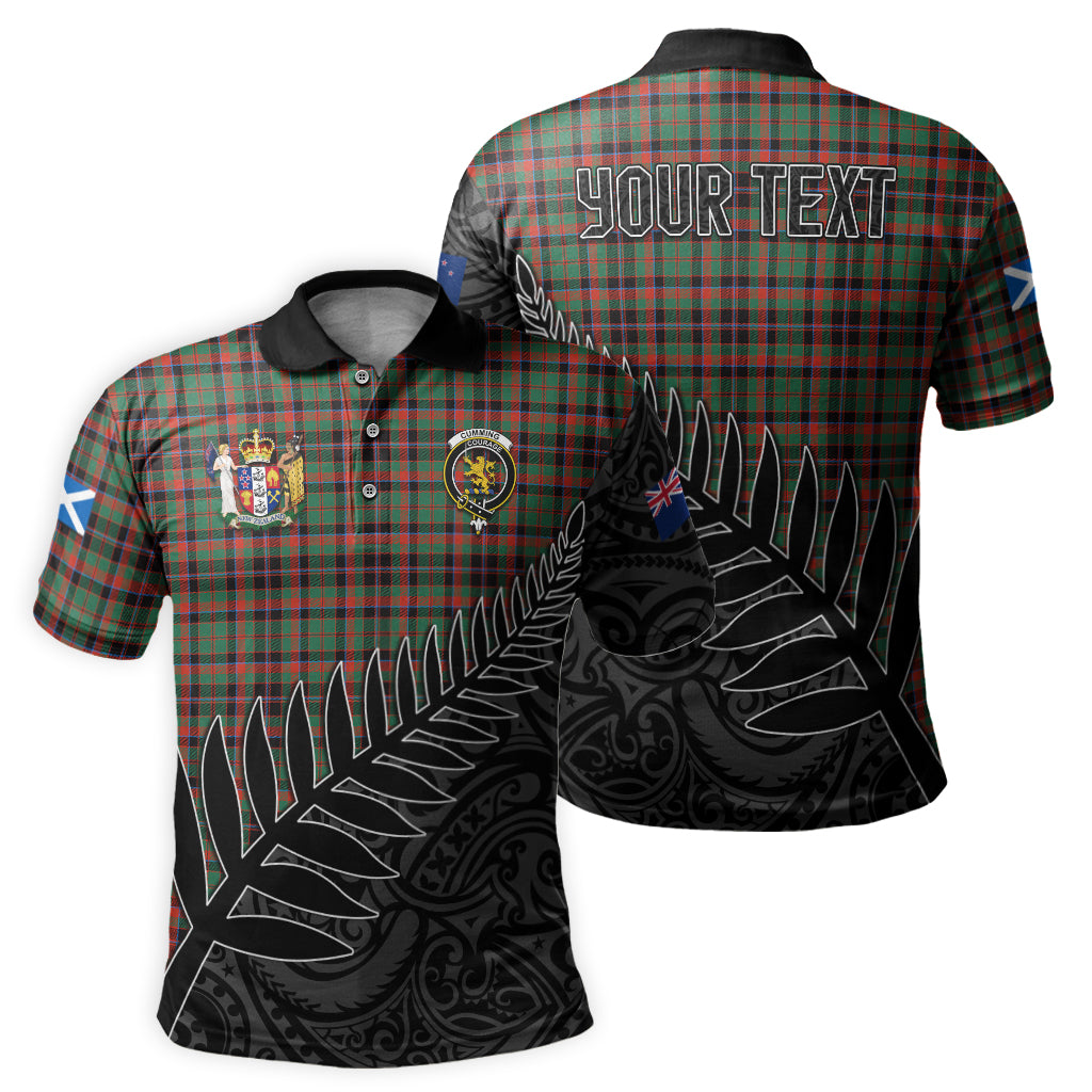 cumming-hunting-ancient-tartan-family-crest-golf-shirt-with-fern-leaves-and-coat-of-arm-of-new-zealand-personalized-your-name-scottish-tatan-polo-shirt