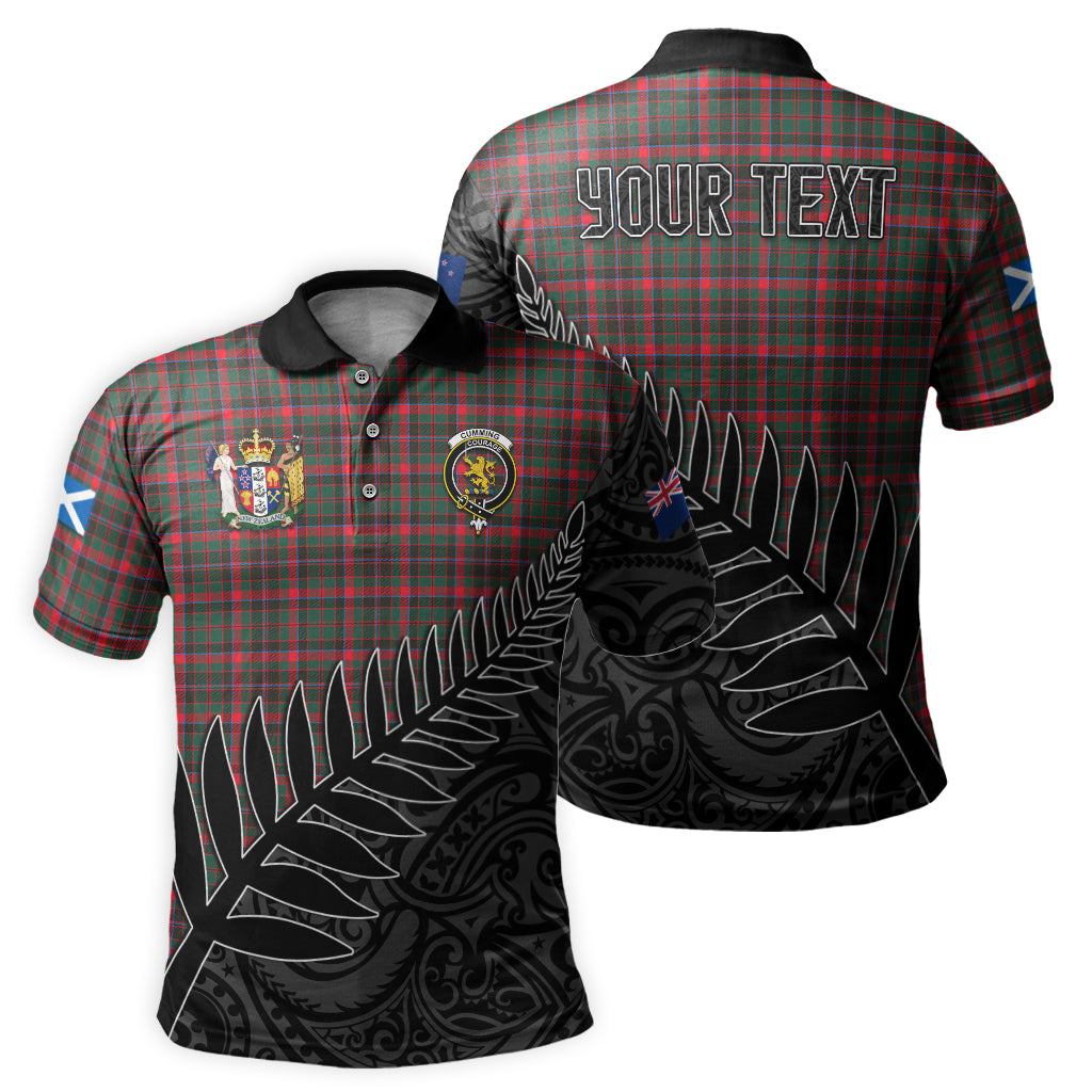 cumming-hunting-modern-tartan-family-crest-golf-shirt-with-fern-leaves-and-coat-of-arm-of-new-zealand-personalized-your-name-scottish-tatan-polo-shirt