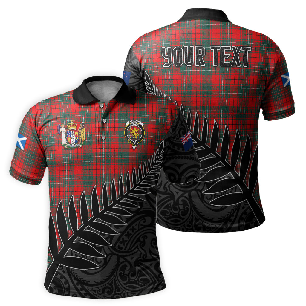 cumming-modern-tartan-family-crest-golf-shirt-with-fern-leaves-and-coat-of-arm-of-new-zealand-personalized-your-name-scottish-tatan-polo-shirt