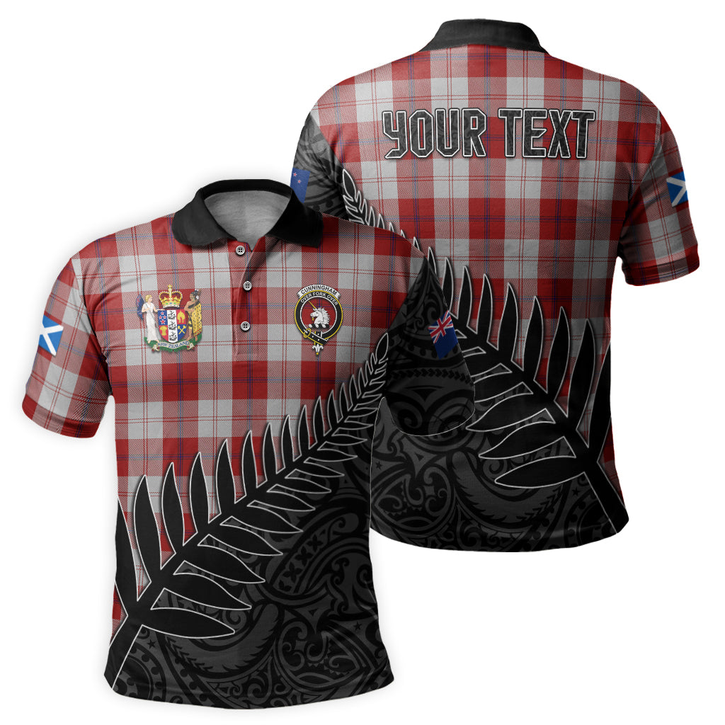 cunningham-dress-tartan-family-crest-golf-shirt-with-fern-leaves-and-coat-of-arm-of-new-zealand-personalized-your-name-scottish-tatan-polo-shirt