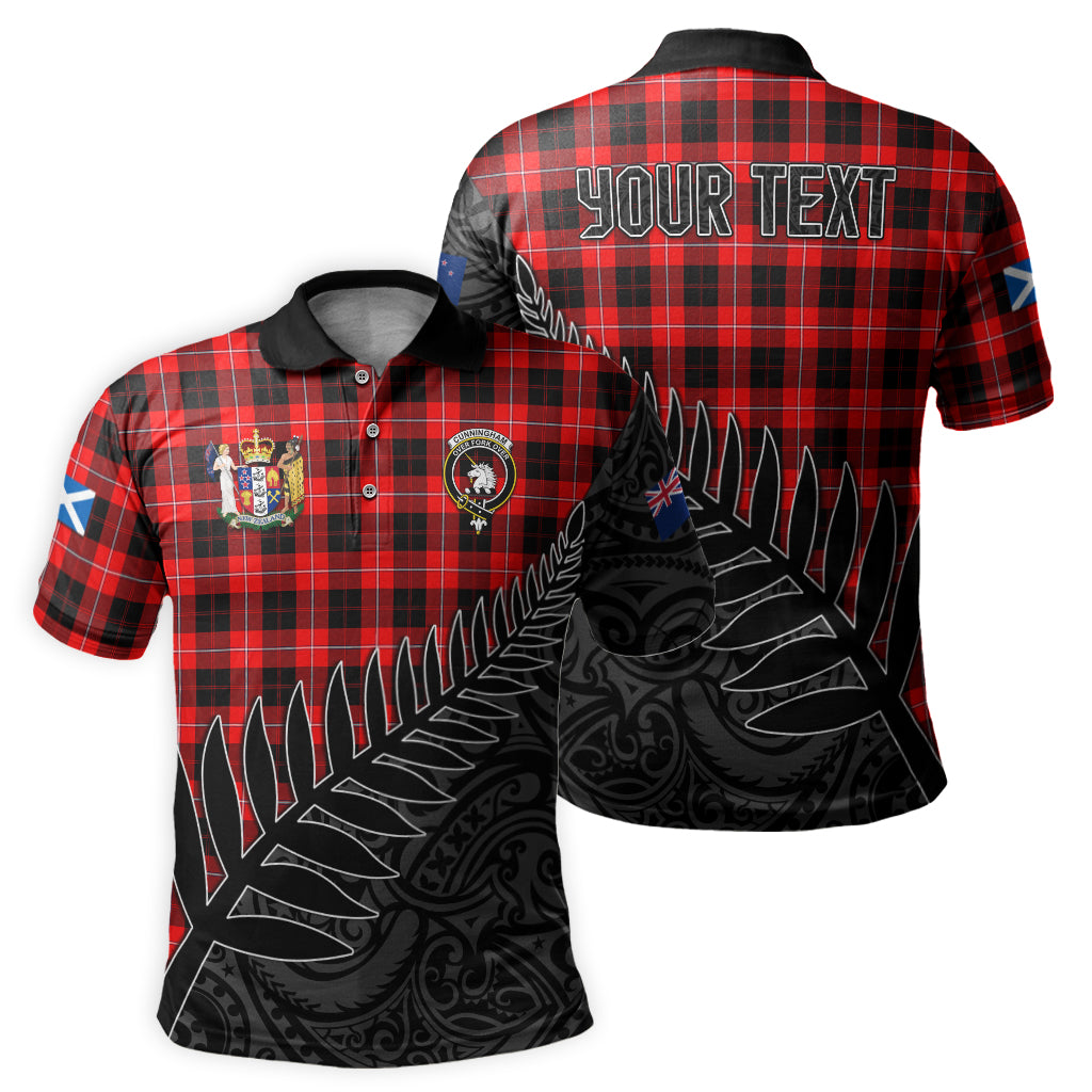 cunningham-modern-tartan-family-crest-golf-shirt-with-fern-leaves-and-coat-of-arm-of-new-zealand-personalized-your-name-scottish-tatan-polo-shirt