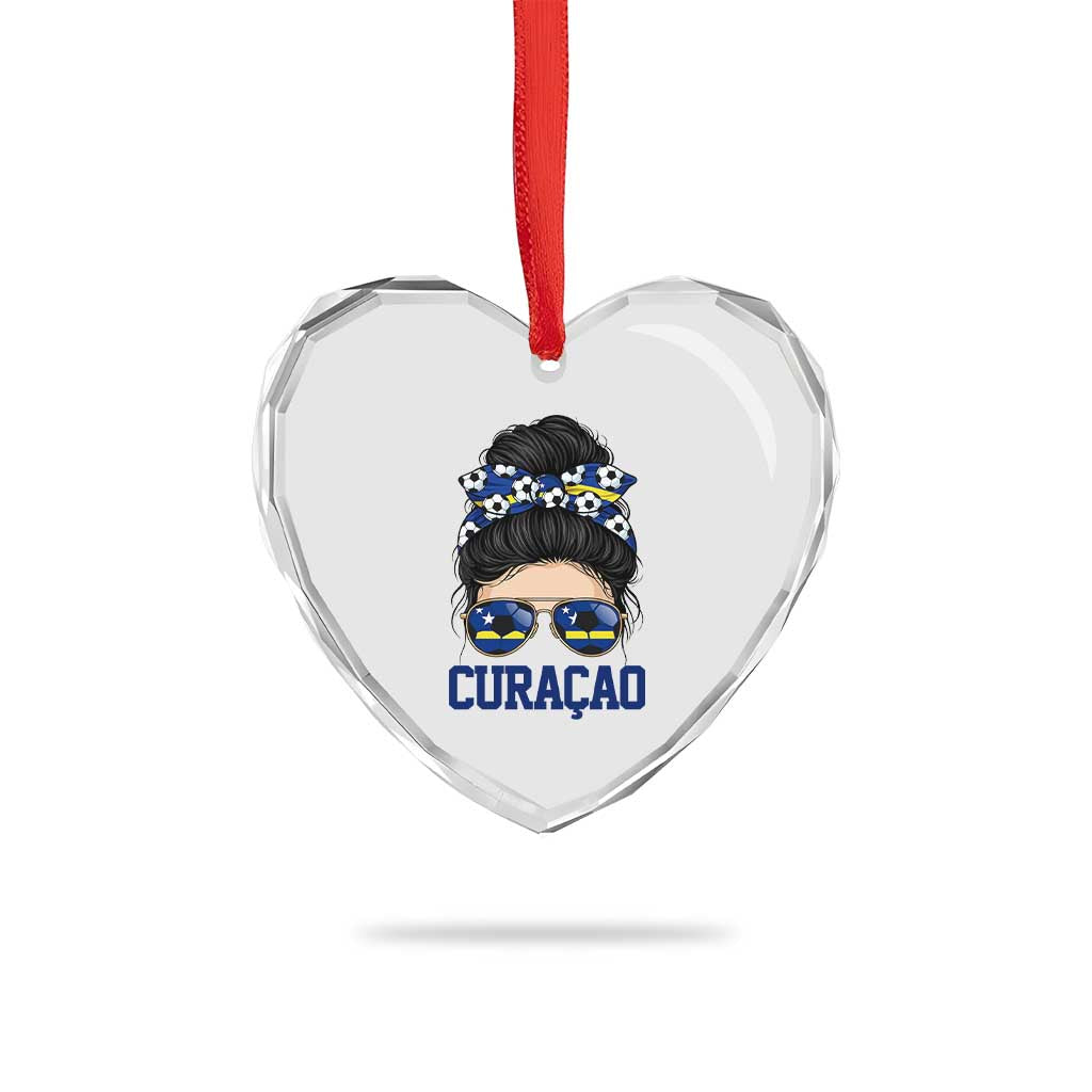Curacao Soccer Messy Bun Girl Heart Crystal Glass Ornament Proud Curacaoan Heritage Gift