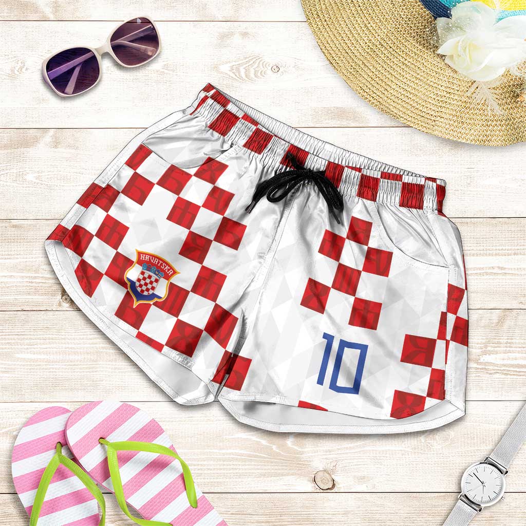 Custom Croatia National Football Shorts for Women Red Checkerboard Glagolitic Script Geometric Pattern Art