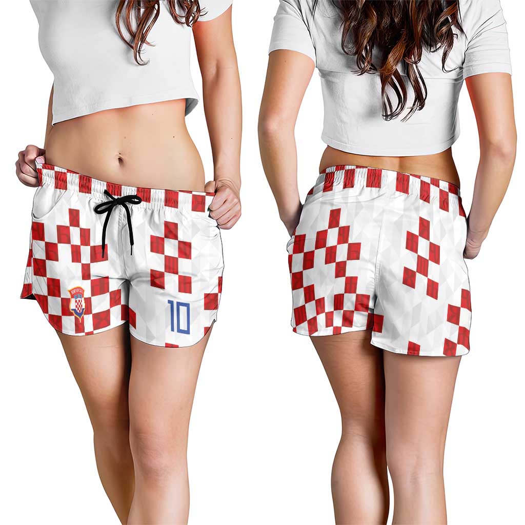 Custom Croatia National Football Shorts for Women Red Checkerboard Glagolitic Script Geometric Pattern Art