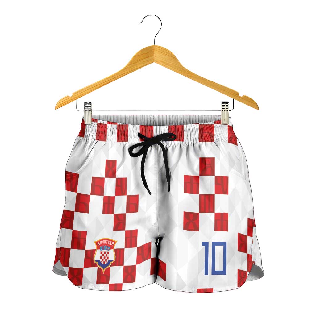 Custom Croatia National Football Shorts for Women Red Checkerboard Glagolitic Script Geometric Pattern Art