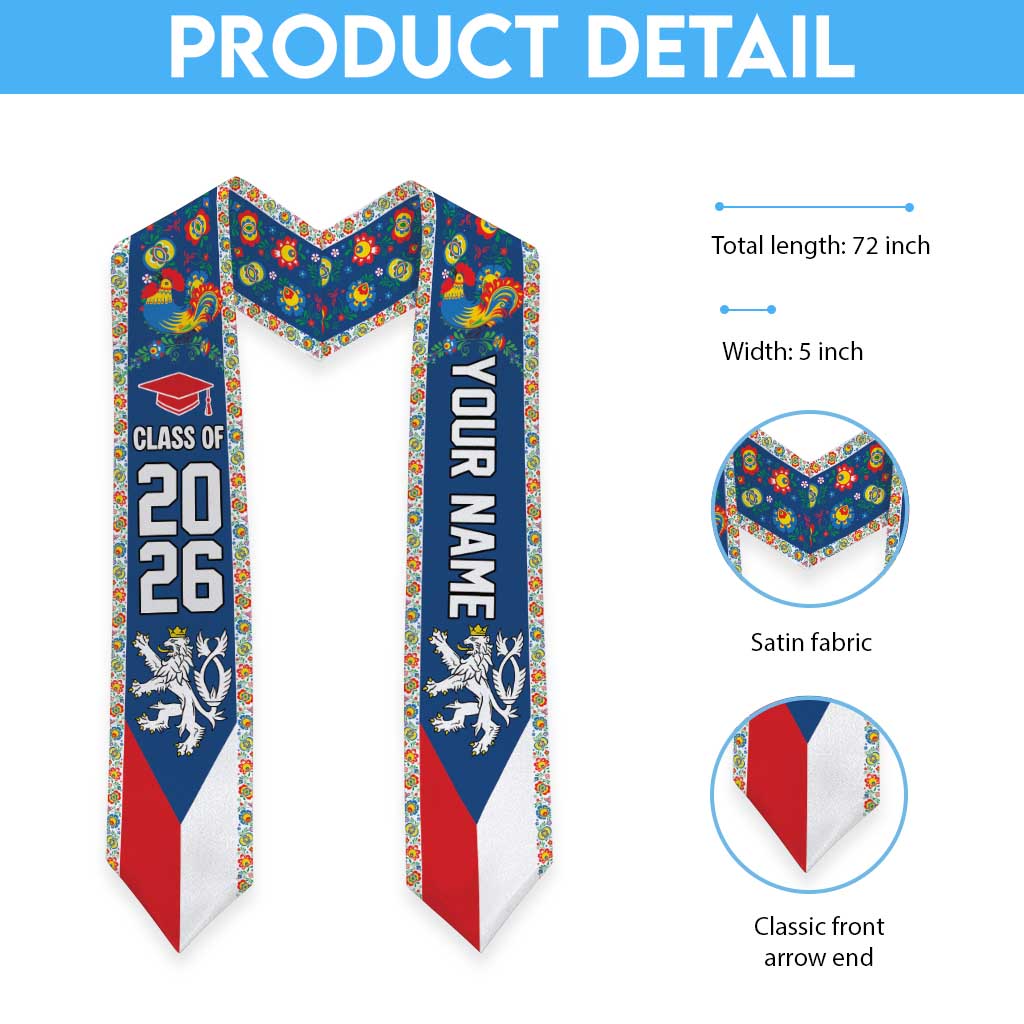 Custom Czech Republic Graduation Stole Czech Lion Folk Art Pattern