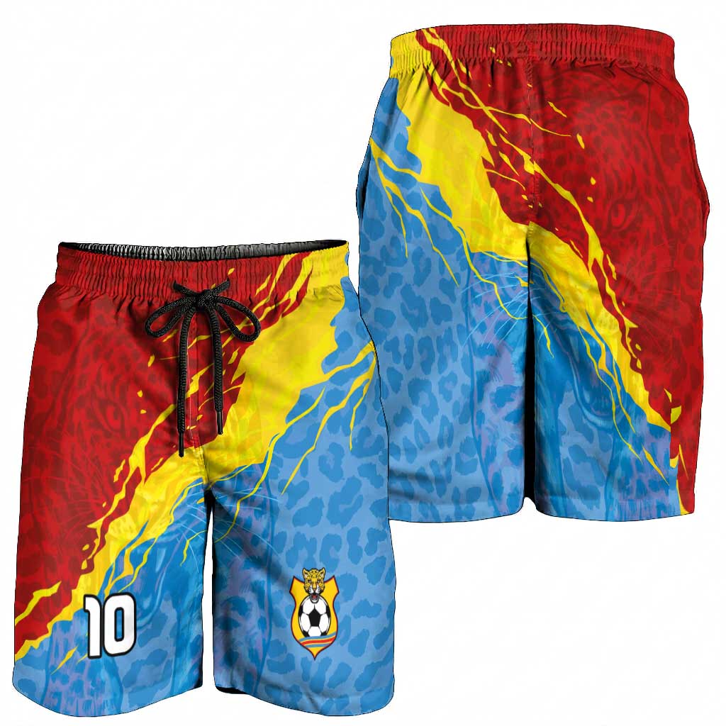 Custom DR Congo Leopards Football Shorts for Men Abstract Leopard Pattern With National Colors And Crest