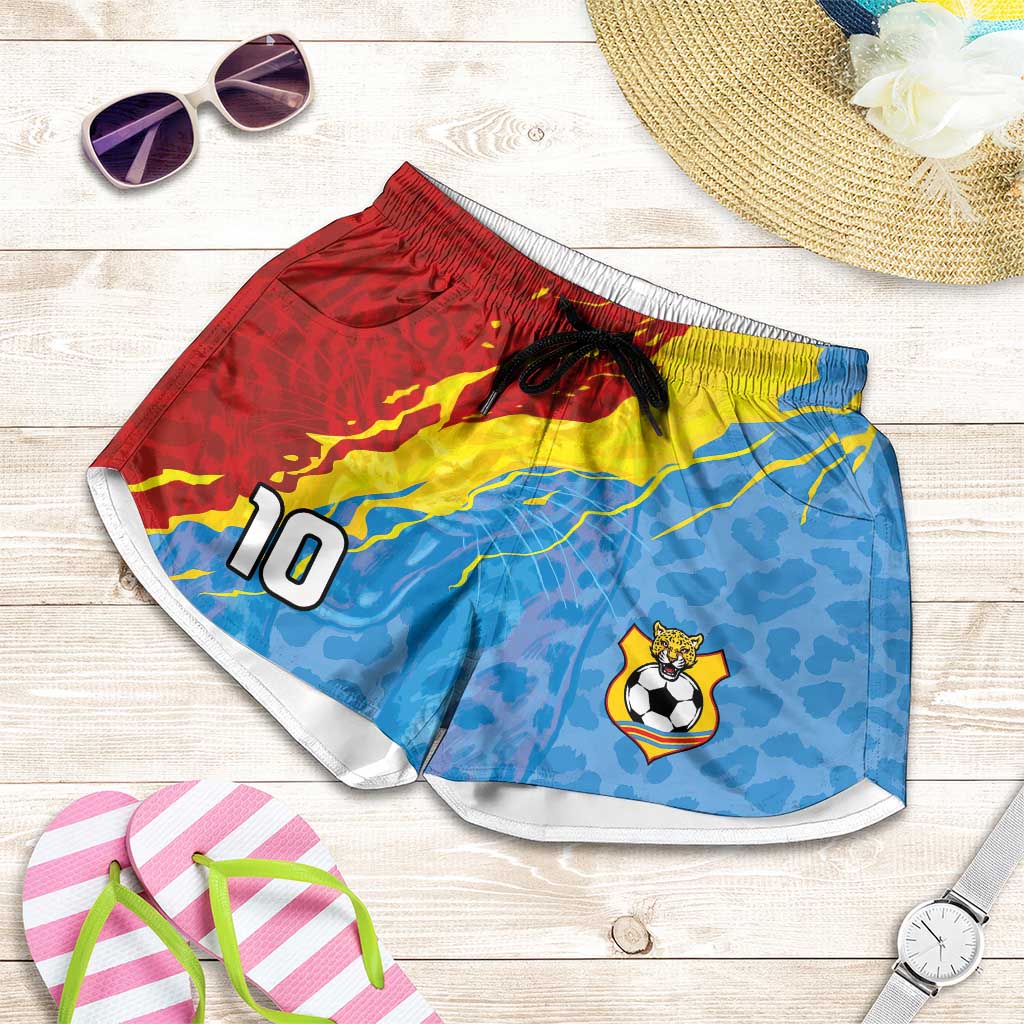 Custom DR Congo Leopards Football Shorts for Women Abstract Leopard Pattern With National Colors And Crest