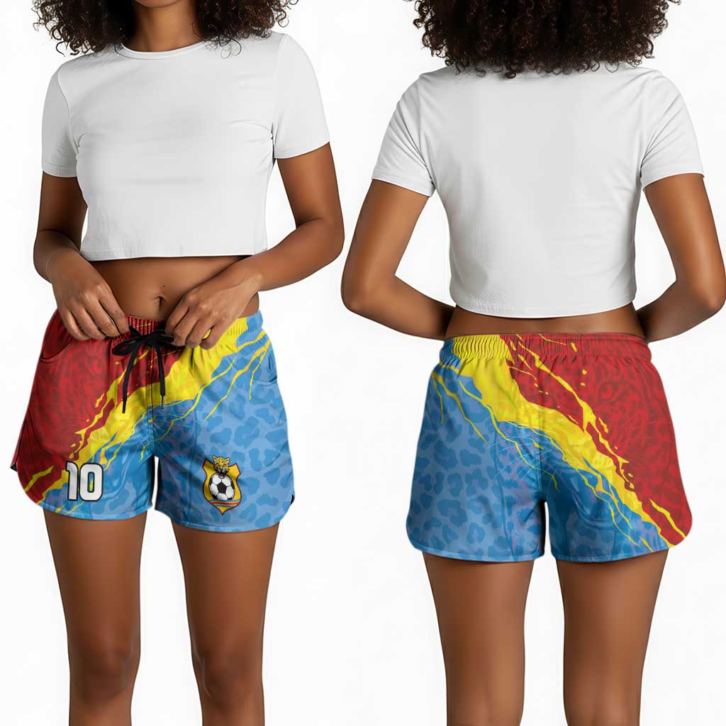 Custom DR Congo Leopards Football Shorts for Women Abstract Leopard Pattern With National Colors And Crest