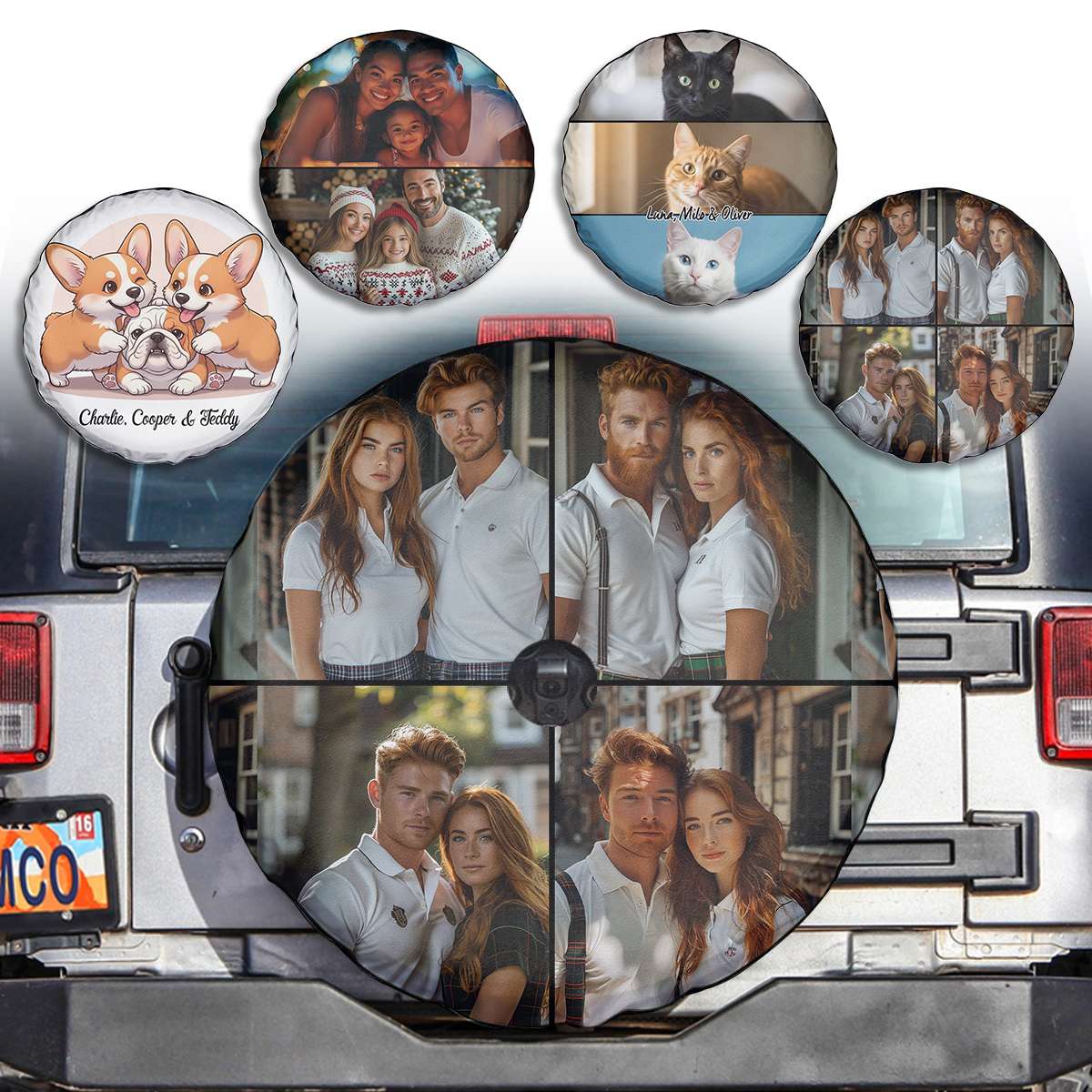Personalized photo collage on a spare tire cover with various images of people and animals