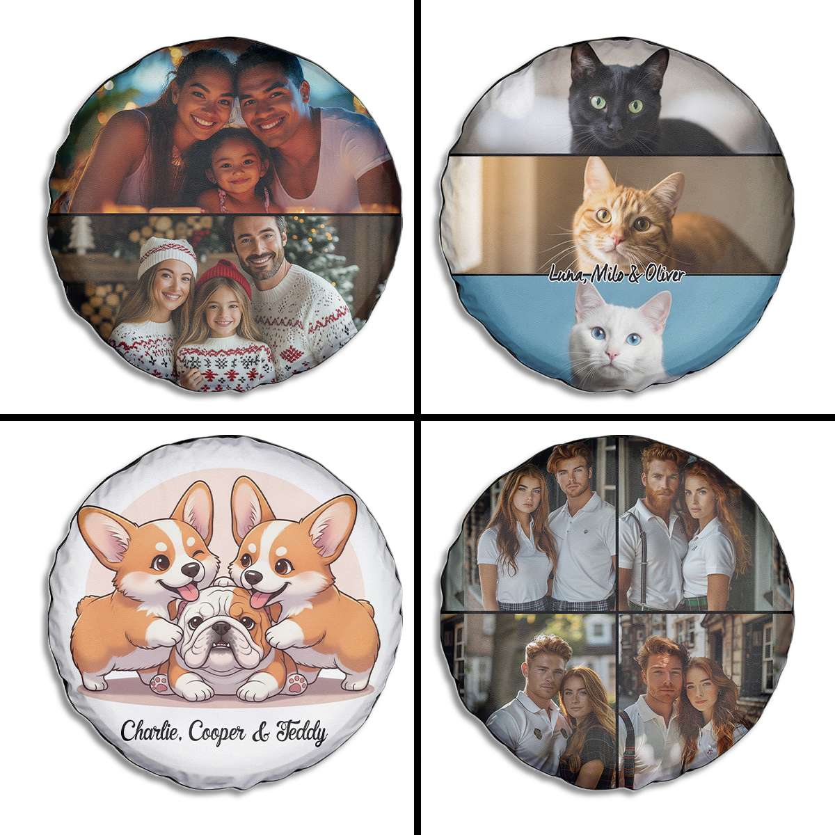 Personalized photo collage on a spare tire cover with various images of people and animals