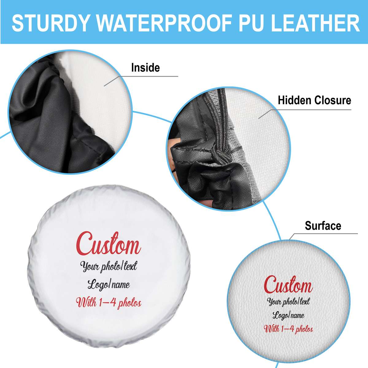 Sturdy waterproof PU leather product with a personalized photo collage on a spare tire cover with various images of people and animals