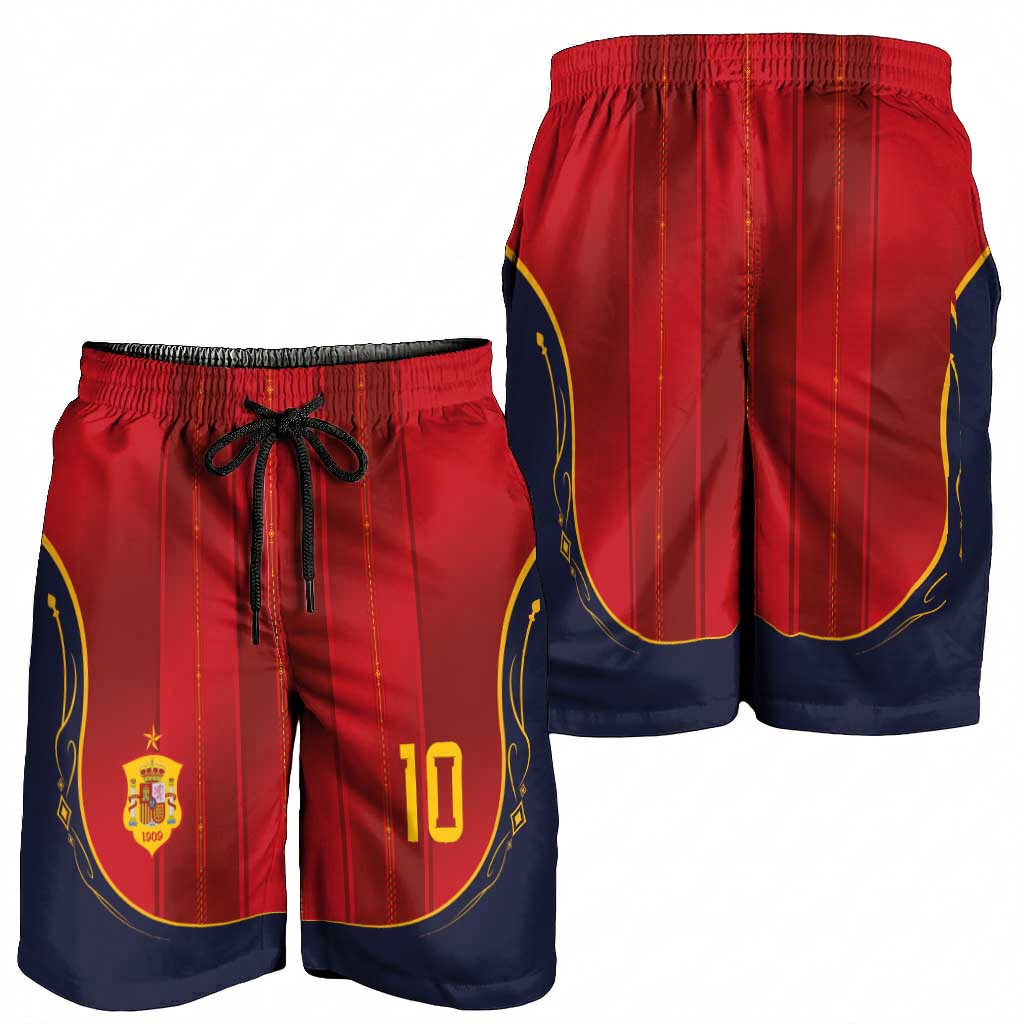 Custom Spain La Roja Football Shorts for Men Gothic Typography Royal Crest Pinstripe