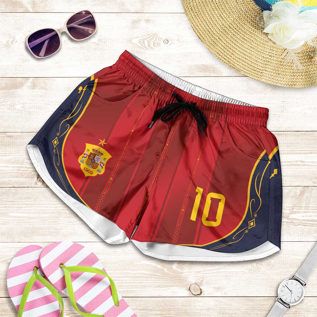 Custom Spain La Roja Football Shorts for Women Gothic Typography Royal Crest Pinstripe