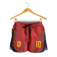 Custom Spain La Roja Football Shorts for Women Gothic Typography Royal Crest Pinstripe