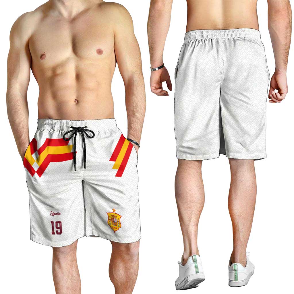 Custom Spain National Football Shorts for Men Geometric Flag Stripe Pattern Retro Graphic Concept