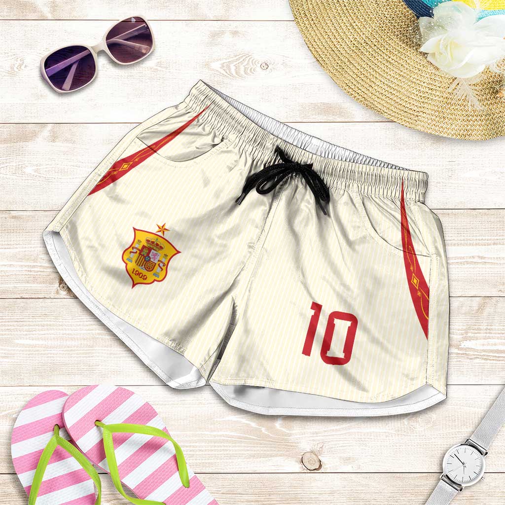 Custom Spain National Football Shorts for Women Pinstripe Flag with Royal Crest