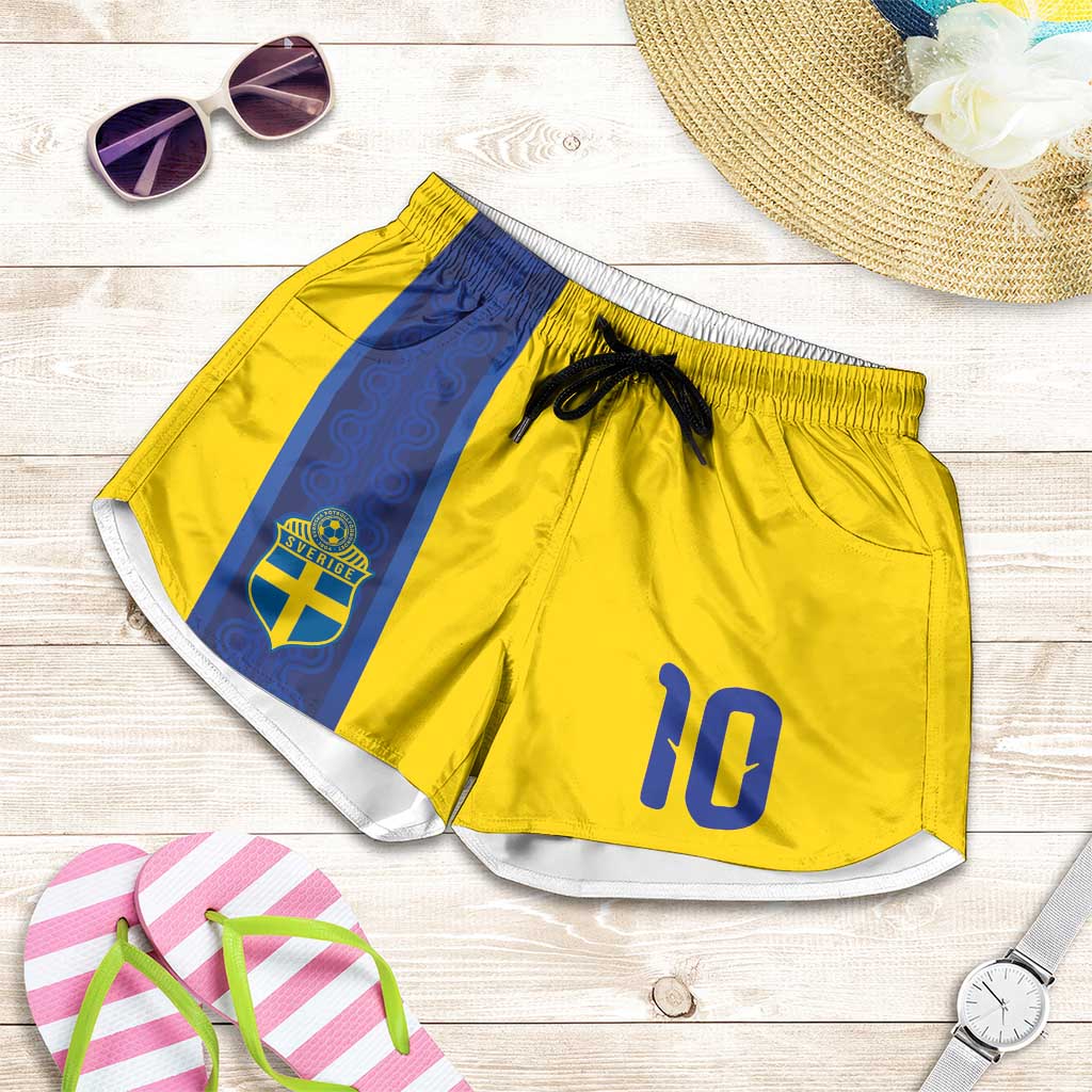 Custom Sweden Sverige Football Shorts for Women Nordic Cross Pattern With Traditional Sverige Heritage Crest