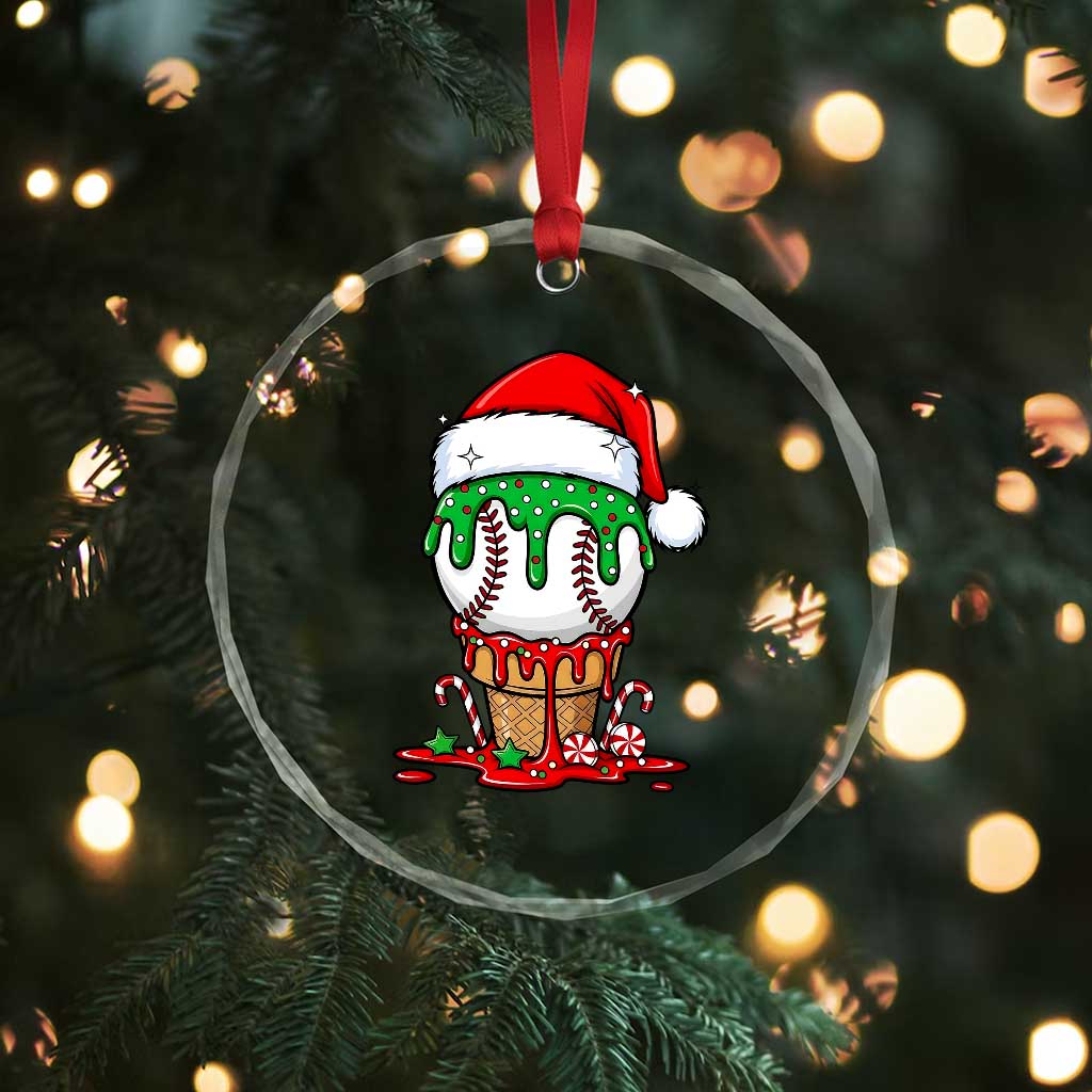 Cute Baseball Christmas Icecream Dripping Crystal Glass Ornament Holiday Ice Cream Cone with Santa Hat - Wonder Print Shop