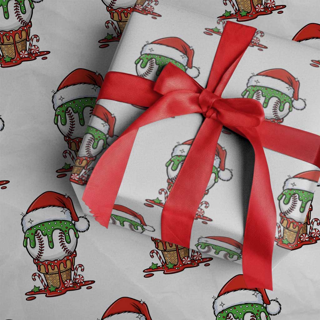 Cute Baseball Christmas Icecream Dripping Wrapping Paper Roll Holiday Ice Cream Cone with Santa Hat - Wonder Print Shop
