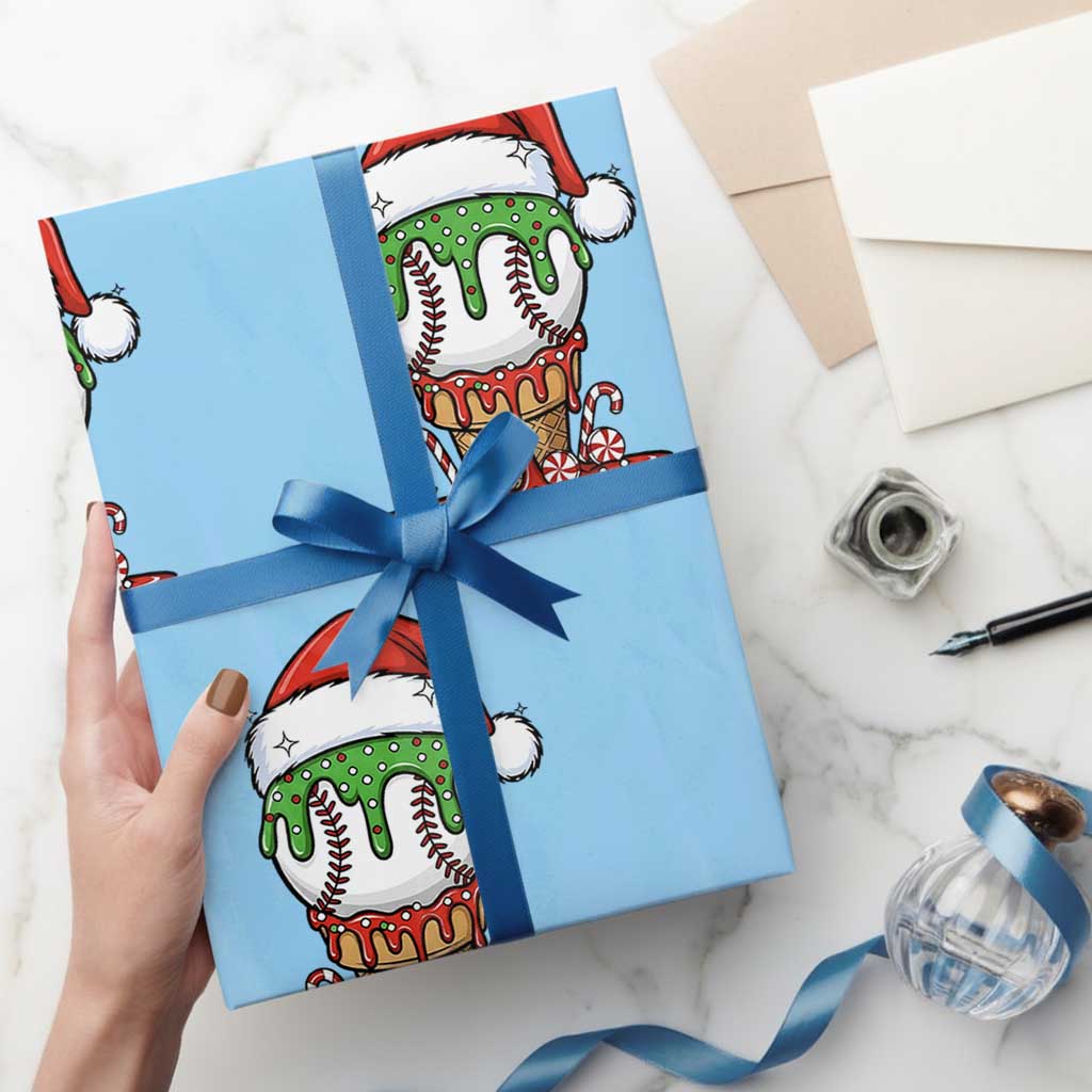 Cute Baseball Christmas Icecream Dripping Wrapping Paper Roll Holiday Ice Cream Cone with Santa Hat - Wonder Print Shop