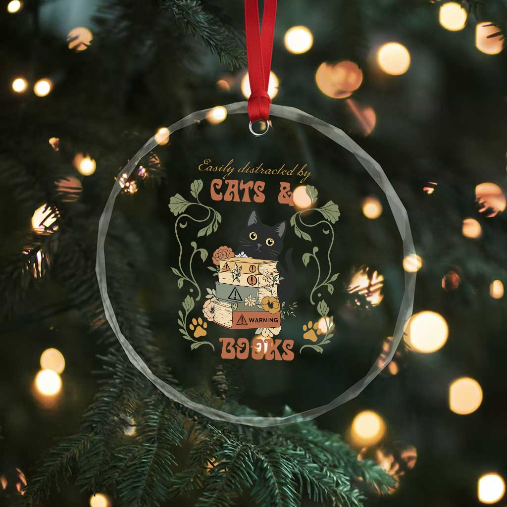 Cute Bookworm Gift Crystal Glass Ornament Easily Distracted By Cats And Books TS12