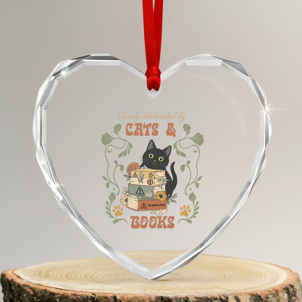 Cute Bookworm Gift Heart Crystal Glass Ornament Easily Distracted By Cats And Books - Wonder Print Shop