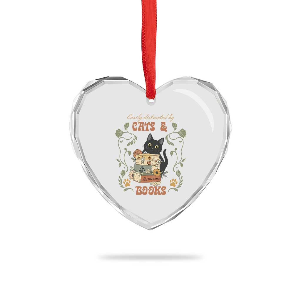 Cute Bookworm Gift Heart Crystal Glass Ornament Easily Distracted By Cats And Books - Wonder Print Shop