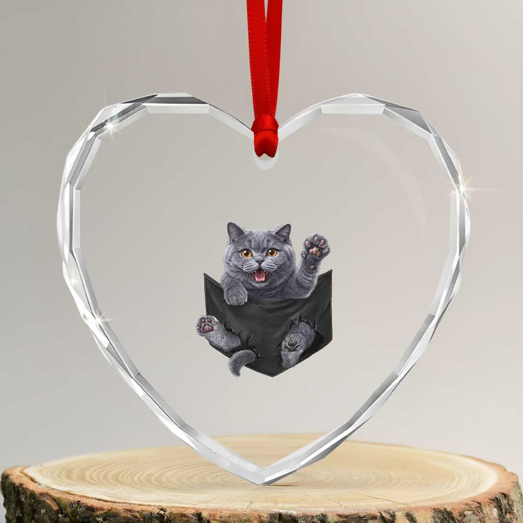 Cute British Shorthair Cat In Pocket Heart Crystal Glass Ornament Cat Lover