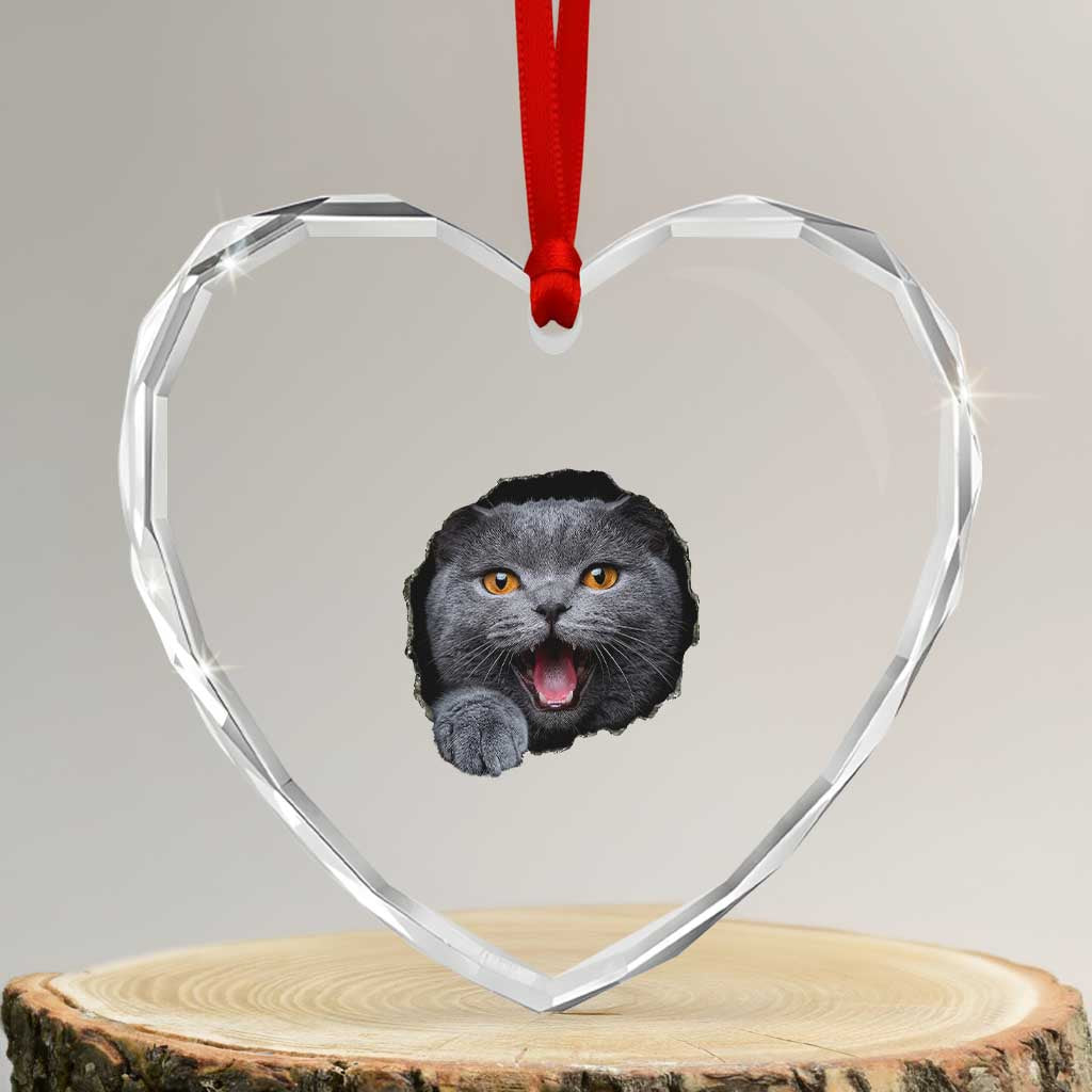 Cute British Shorthair Cat Peeking Through Cracked Wall Heart Crystal Glass Ornament