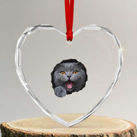 Cute British Shorthair Cat Peeking Through Cracked Wall Heart Crystal Glass Ornament