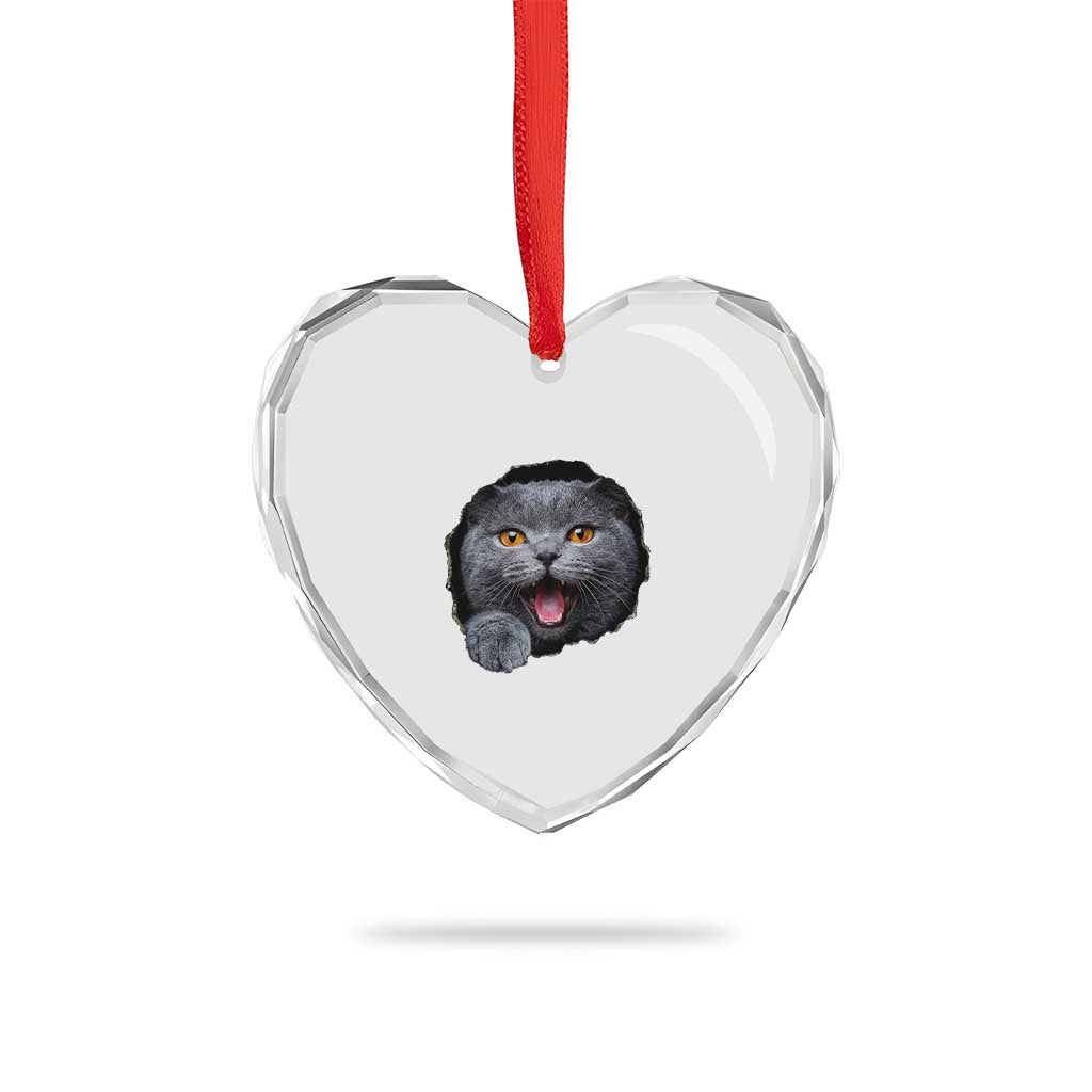 Cute British Shorthair Cat Peeking Through Cracked Wall Heart Crystal Glass Ornament