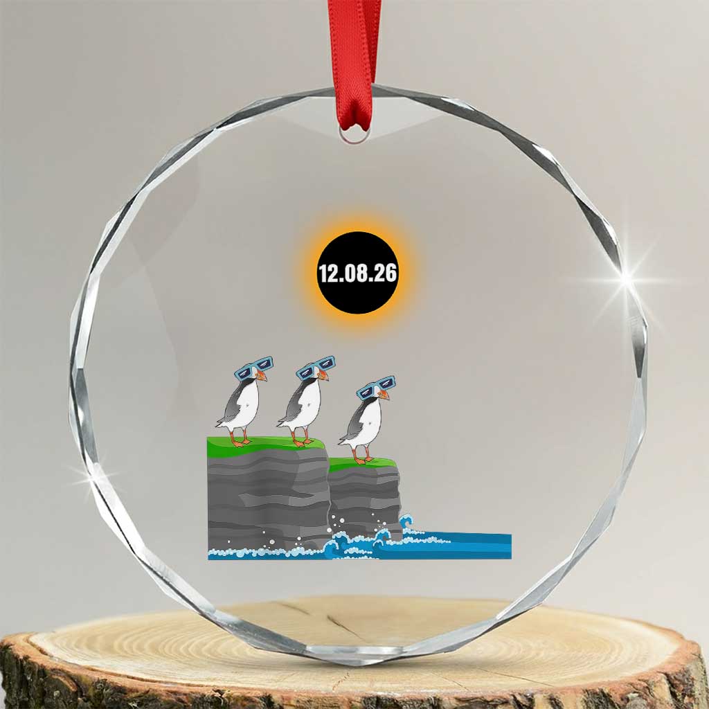 Cute Cartoon Puffins 2026 Total Solar Eclipse Crystal Glass Ornament August 12 Totality Funny Astronomy Gift