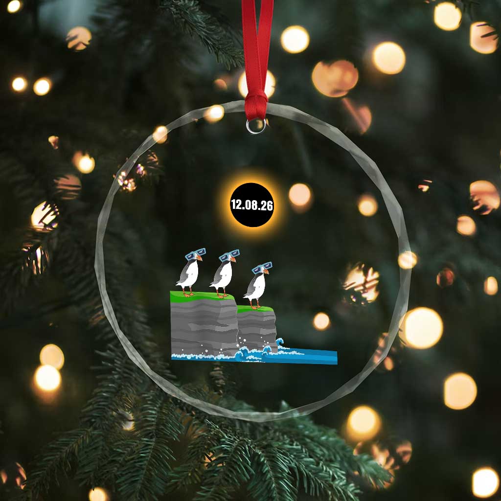 Cute Cartoon Puffins 2026 Total Solar Eclipse Crystal Glass Ornament August 12 Totality Funny Astronomy Gift