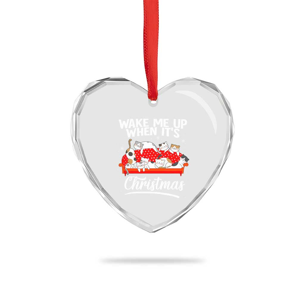 Cute Cat Wake Me Up When It's Xmas Chillin' Heart Crystal Glass Ornament - Wonder Print Shop