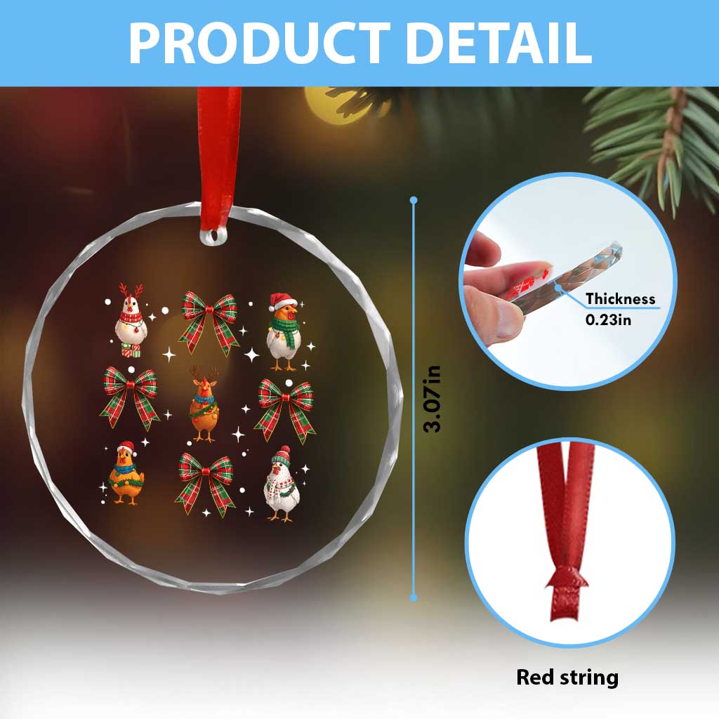 Cute Christmas Chicken With Xmas Coquette Bow Crystal Glass Ornament TS12
